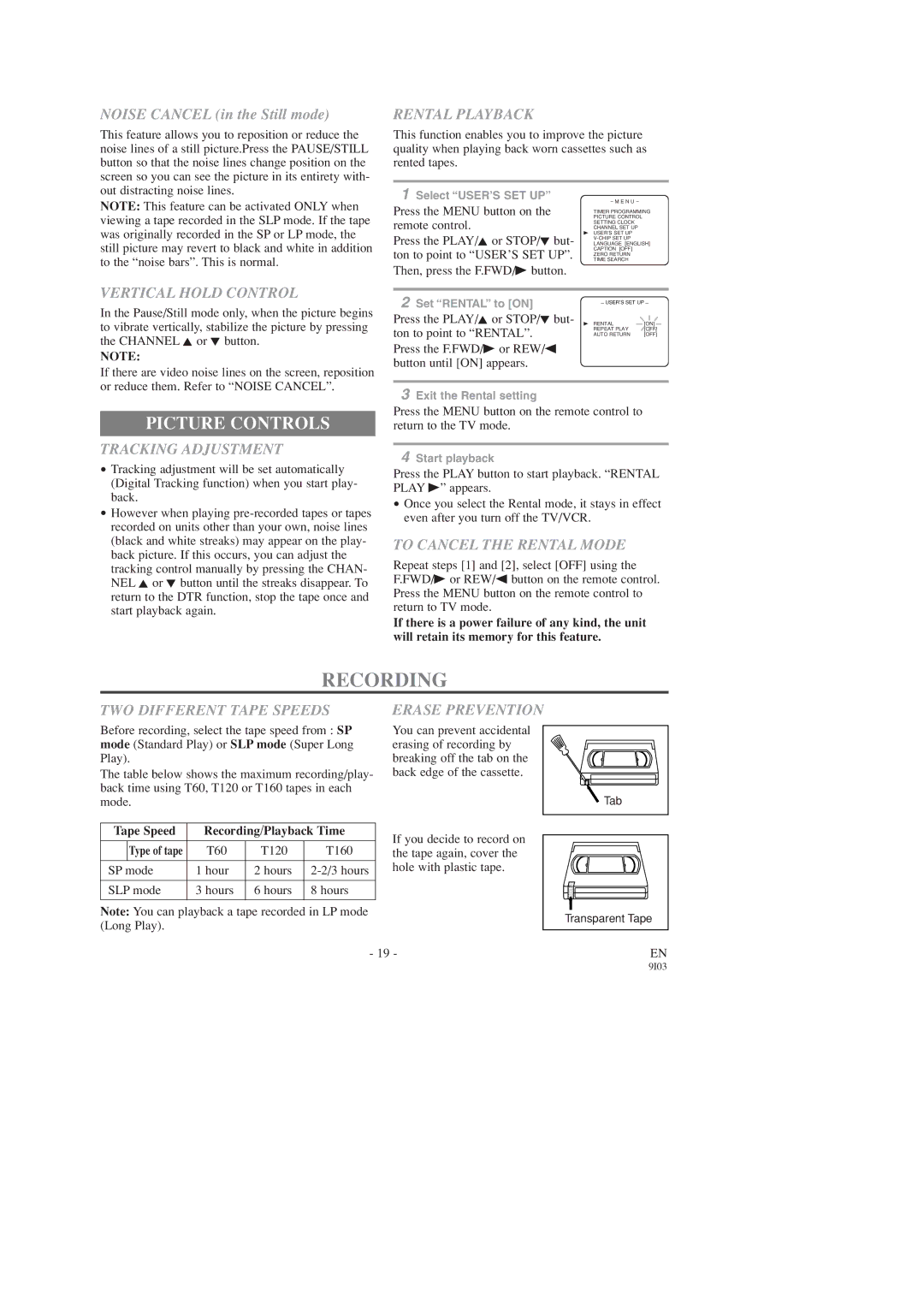 Symphonic SC313D, SC319D owner manual Recording, Picture Controls 