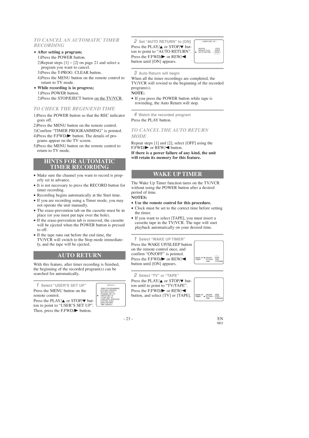 Symphonic SC313D, SC319D owner manual Hints for Automatic Timer Recording, Auto Return, Wake UP Timer 