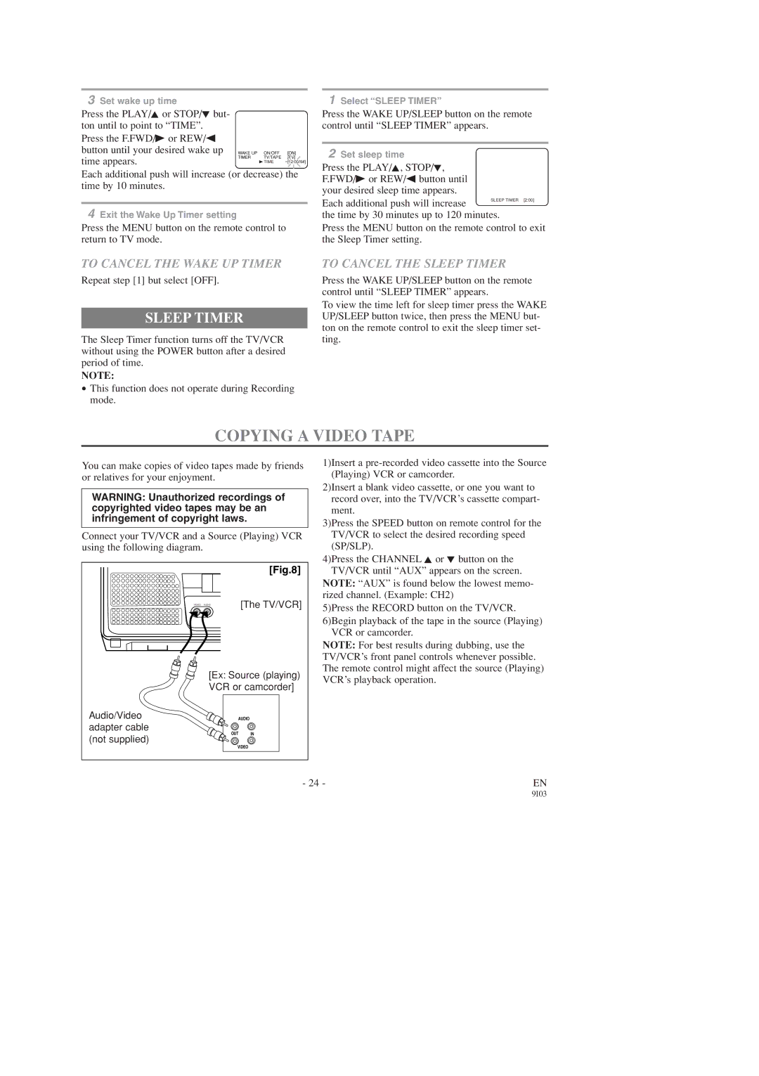 Symphonic SC319D, SC313D owner manual Copying a Video Tape, To Cancel the Wake UP Timer, To Cancel the Sleep Timer 