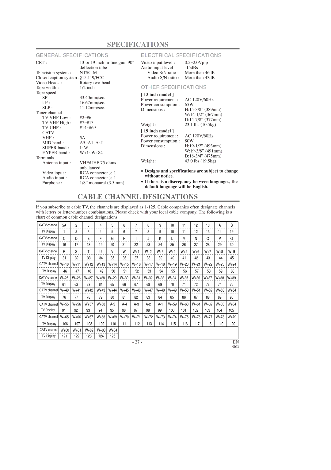 Symphonic SC313D Cable Channel Designations, General Specifications, Electrical Specifications, Other Specifications 