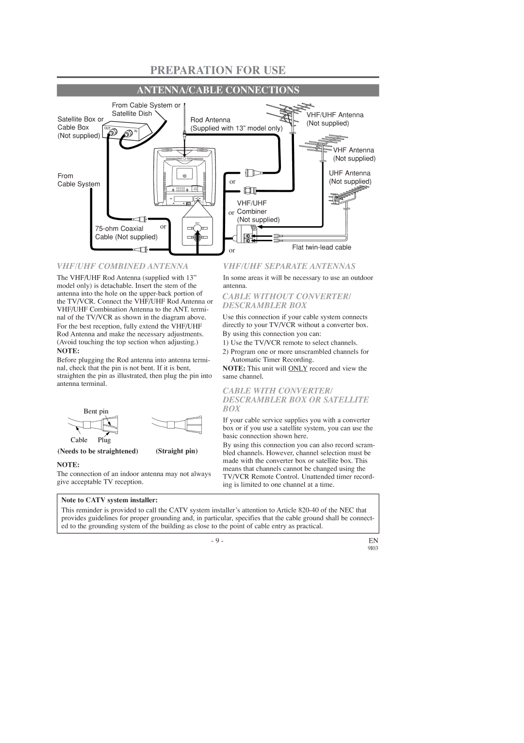 Symphonic SC313D, SC319D owner manual Preparation for USE, ANTENNA/CABLE Connections 