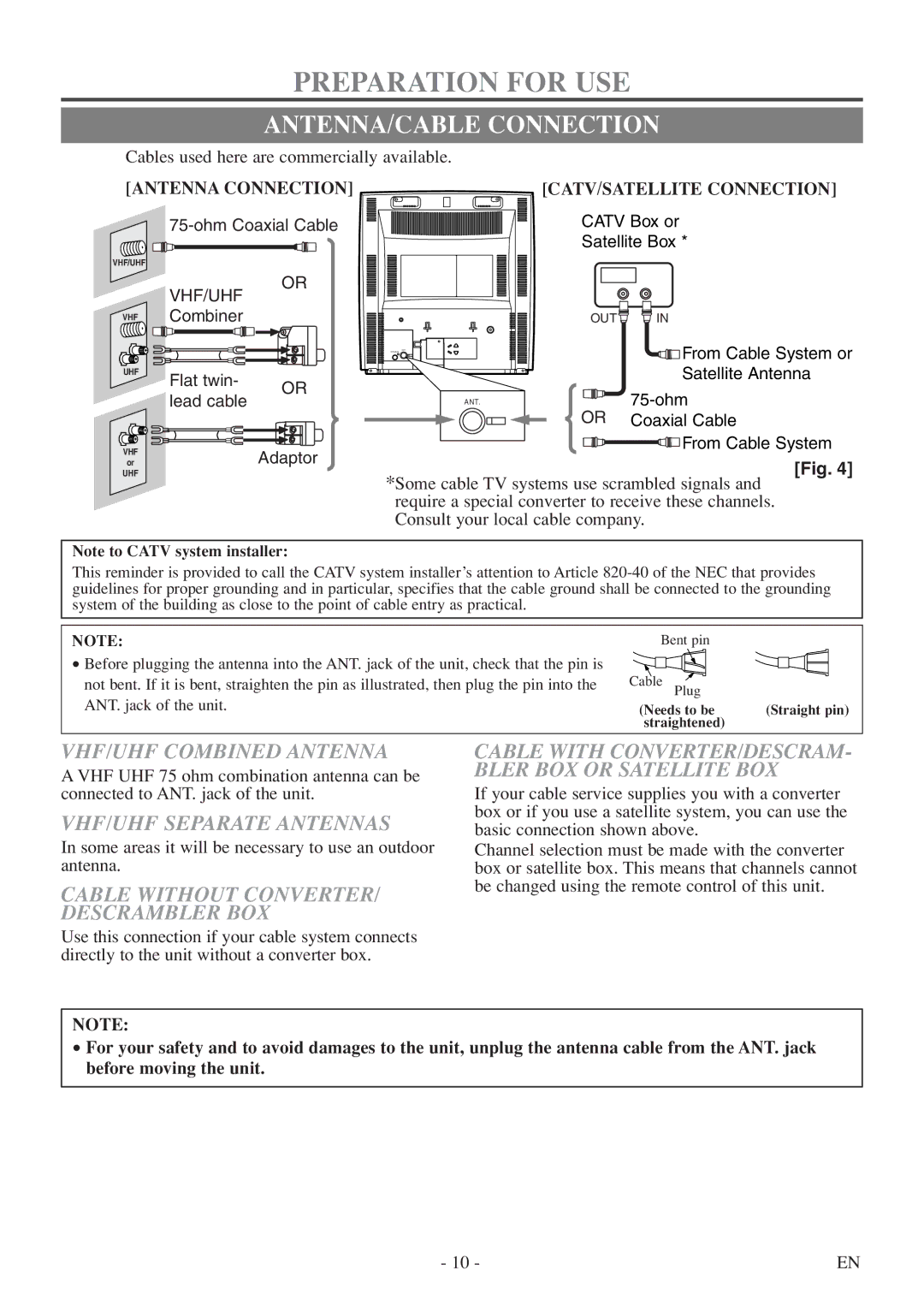 Symphonic SC513DF Preparation for USE, ANTENNA/CABLE Connection, VHF/UHF Combined Antenna, VHF/UHF Separate Antennas 