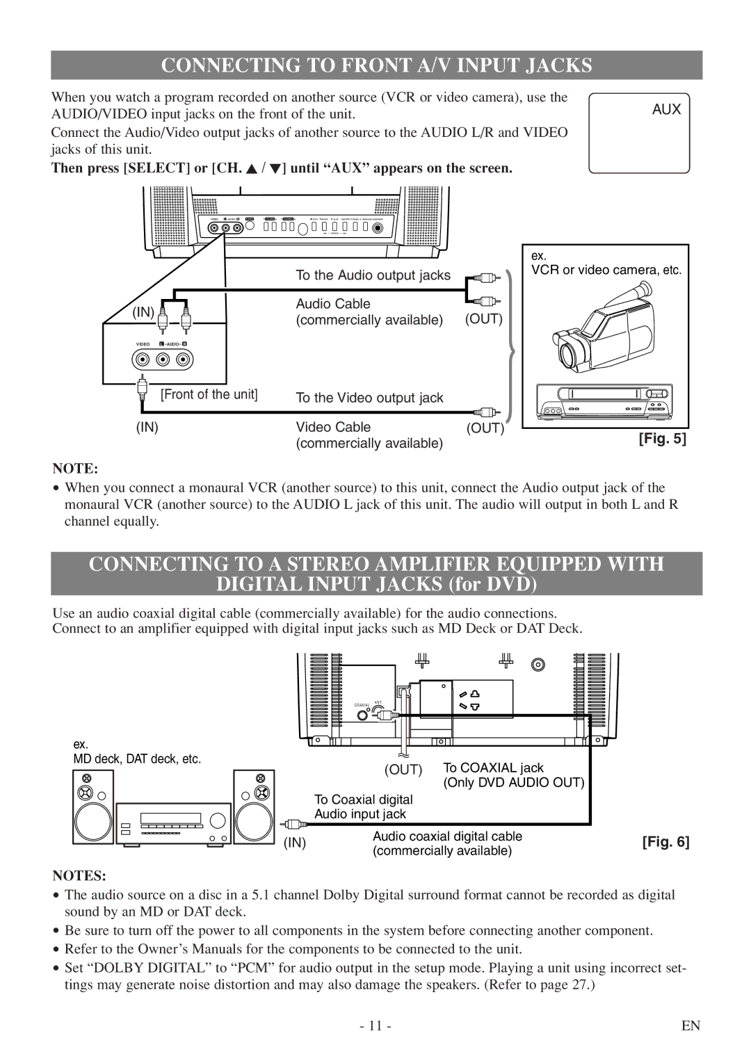 Symphonic SC513DF owner manual Connecting to Front A/V Input Jacks, Connecting to a Stereo Amplifier Equipped with 