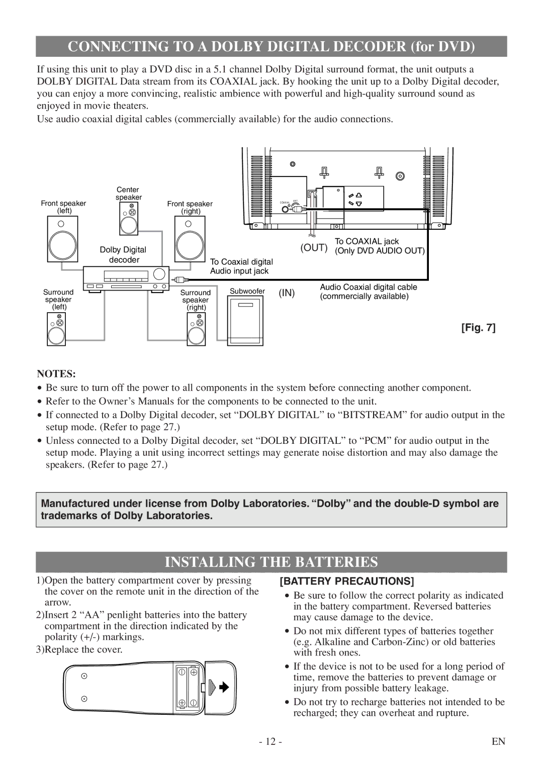 Symphonic SC513DF owner manual Connecting to a Dolby Digital Decoder for DVD, Installing the Batteries 