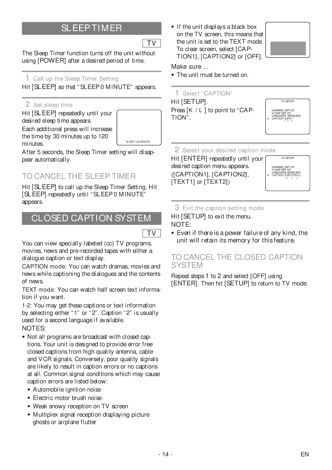 Symphonic SC513DF owner manual To Cancel the Sleep Timer, To Cancel the Closed Caption System, Hit Setup 