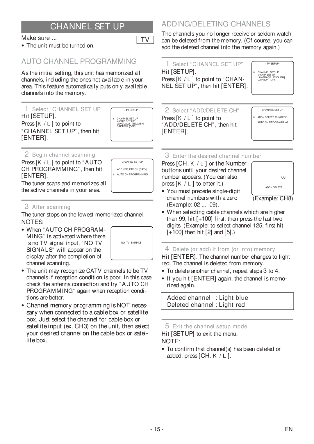 Symphonic SC513DF owner manual Channel SET UP, Auto Channel Programming, ADDING/DELETING Channels, Enter 