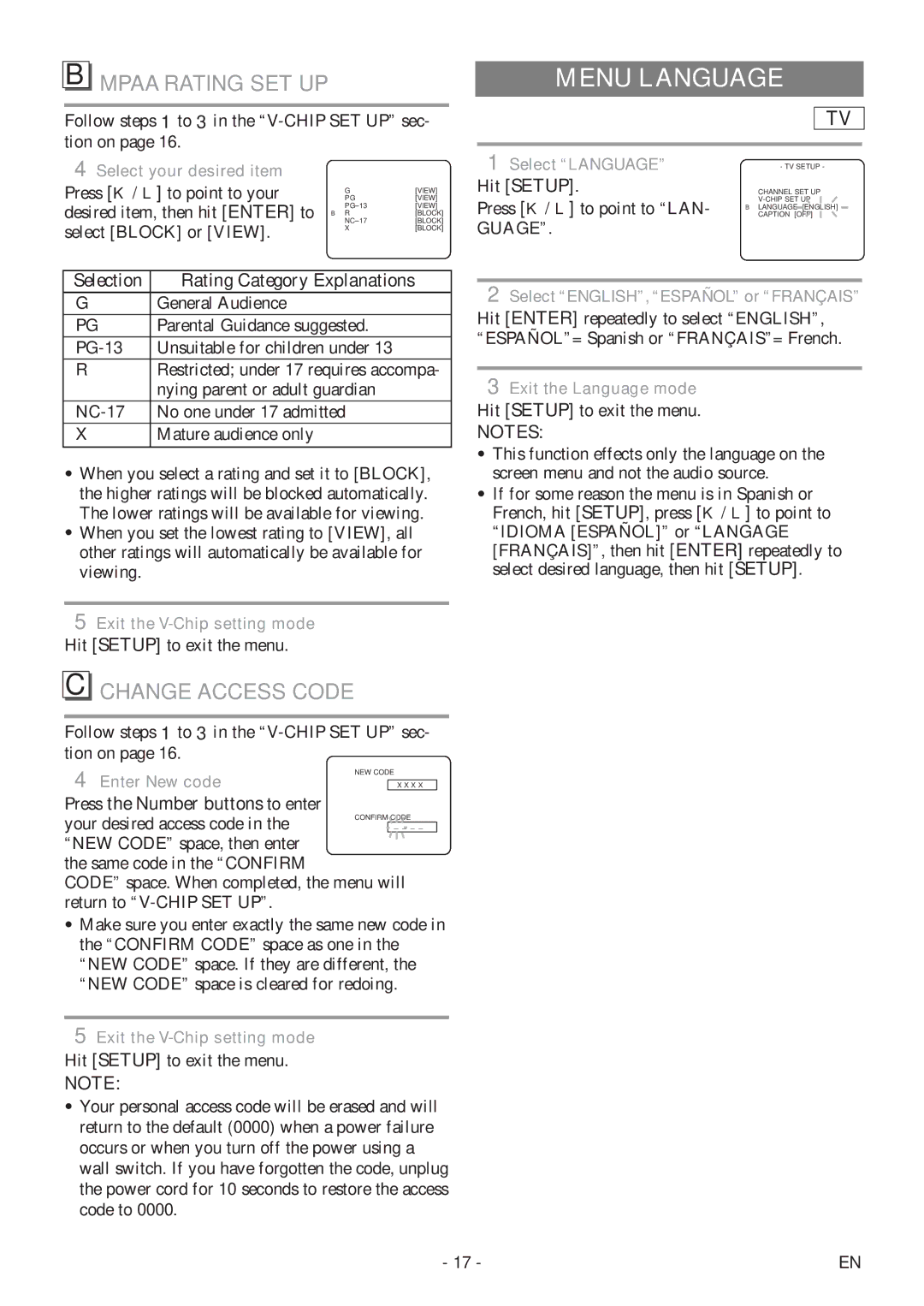 Symphonic SC513DF owner manual Menu Language, Mpaa Rating SET UP, Change Access Code, Press the Number buttons to enter 