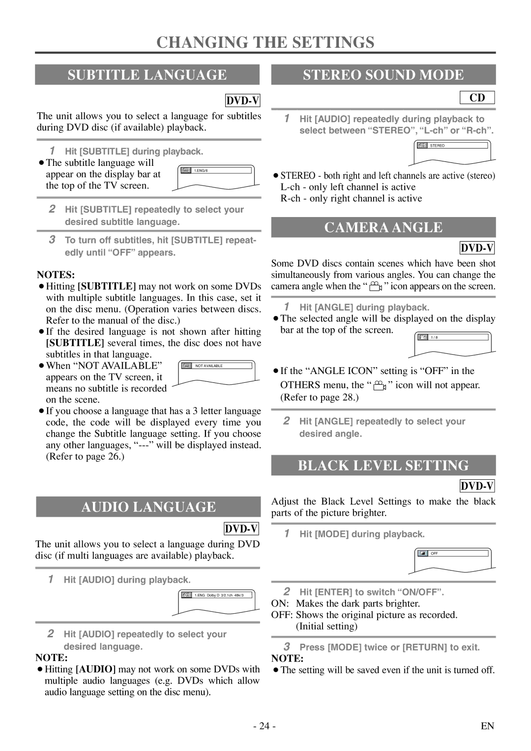 Symphonic SC513DF owner manual Changing the Settings, Subtitle Language Stereo Sound Mode, Audio Language, Camera Angle 