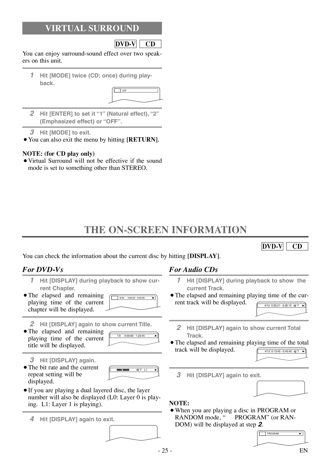 Symphonic SC513DF owner manual ON-SCREEN Information, Virtual Surround 