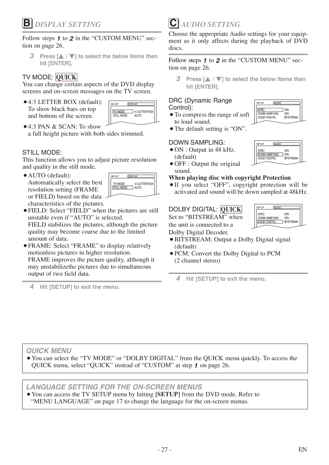 Symphonic SC513DF owner manual Display Setting, Audio Setting, When playing disc with copyright Protection, Quick 