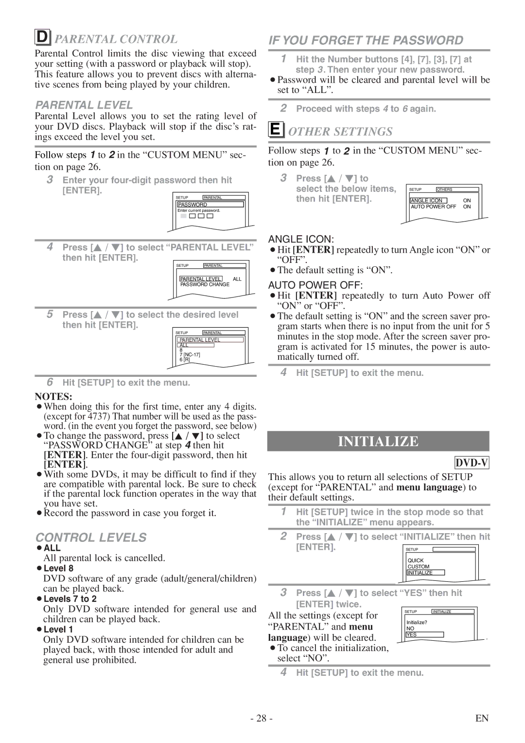 Symphonic SC513DF owner manual Initialize, Parental Control, Other Settings 