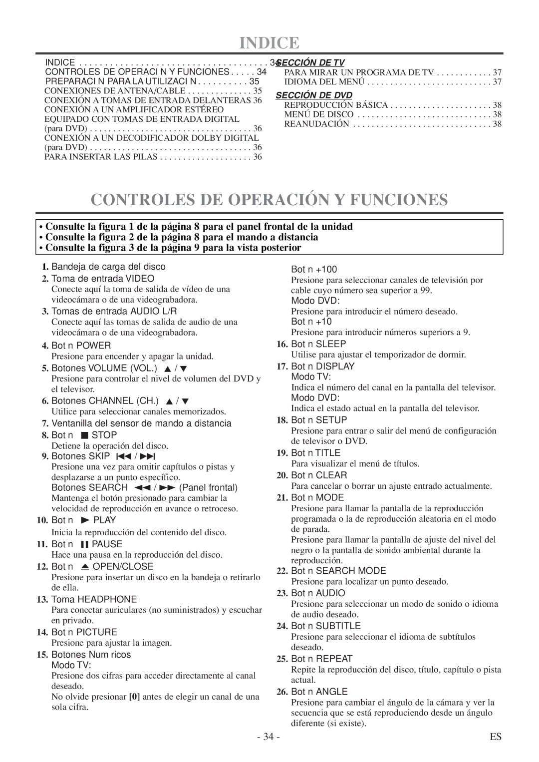 Symphonic SC513DF owner manual Indice, Controles DE Operación Y Funciones 