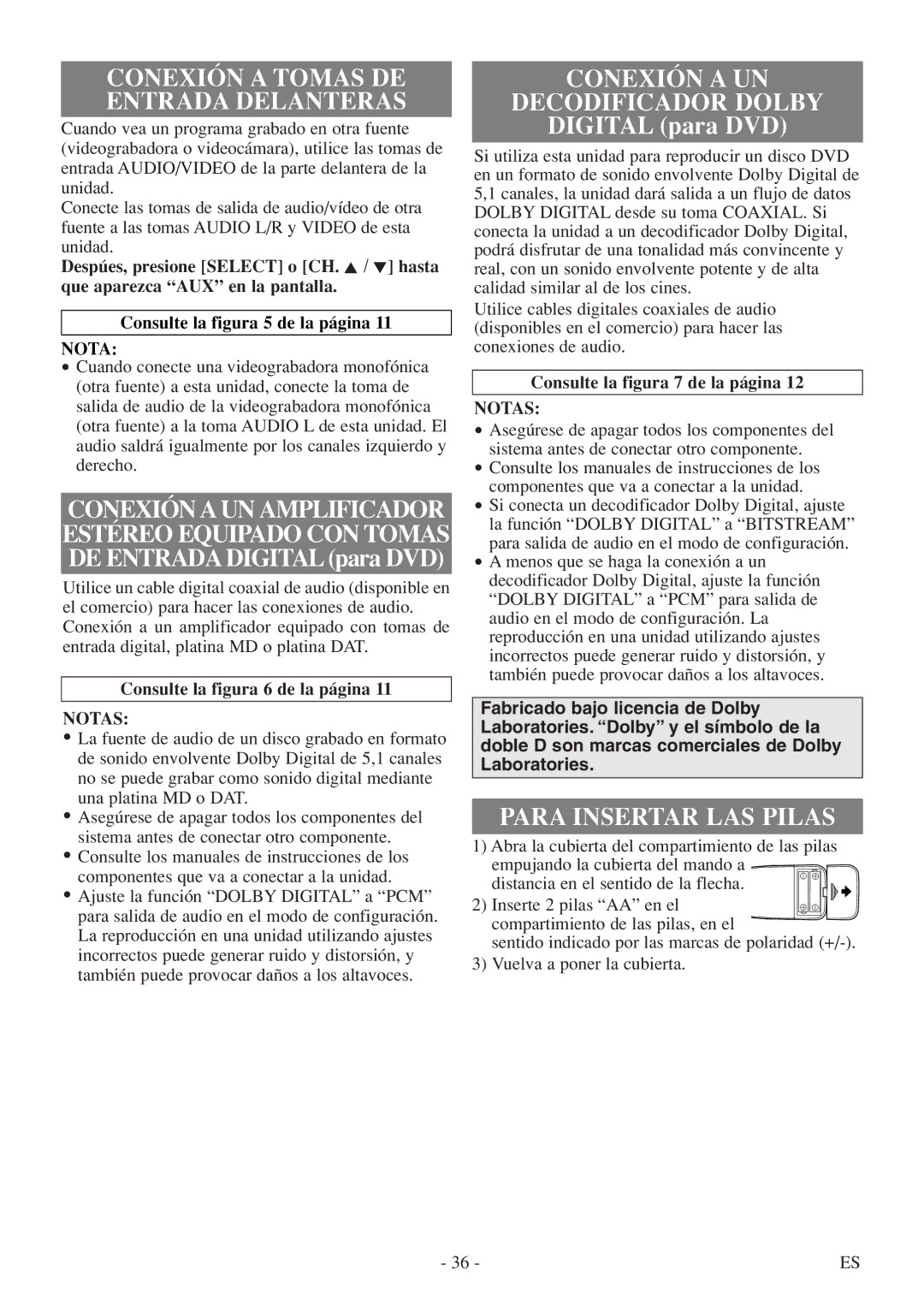 Symphonic SC513DF Conexión a UN Decodificador Dolby, Para Insertar LAS Pilas, Consulte la figura 6 de la página, Notas 