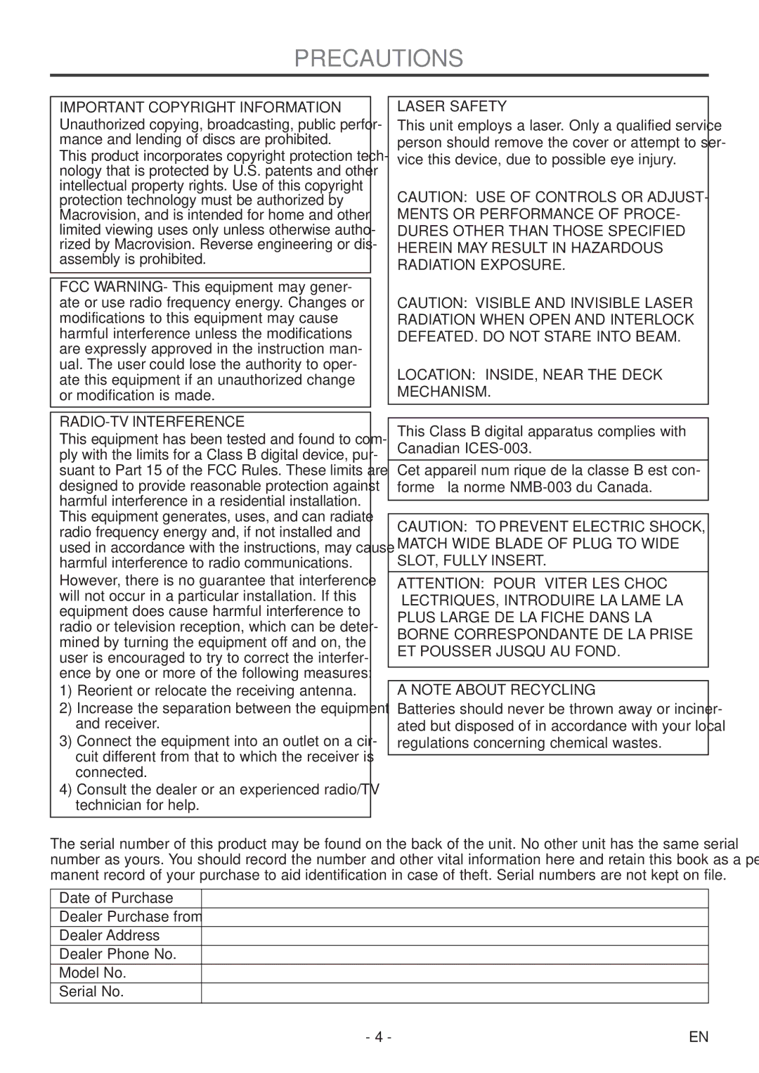 Symphonic SC513DF owner manual Precautions, Important Copyright Information, RADIO-TV Interference, Laser Safety 