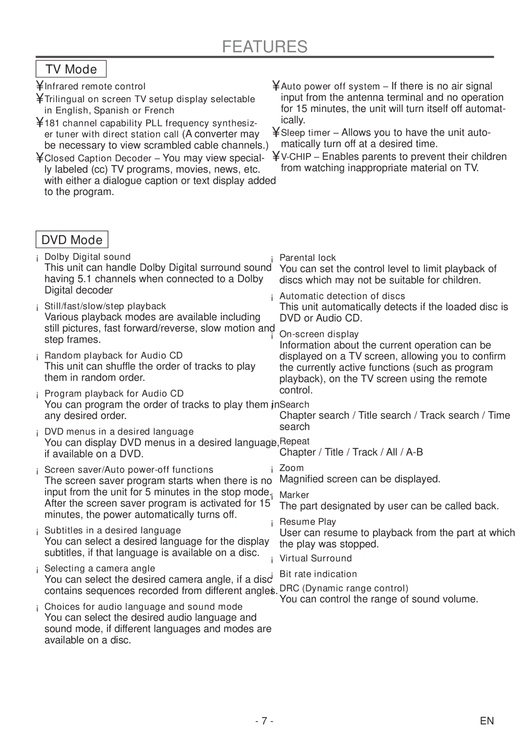 Symphonic SC513DF owner manual Features, TV Mode 