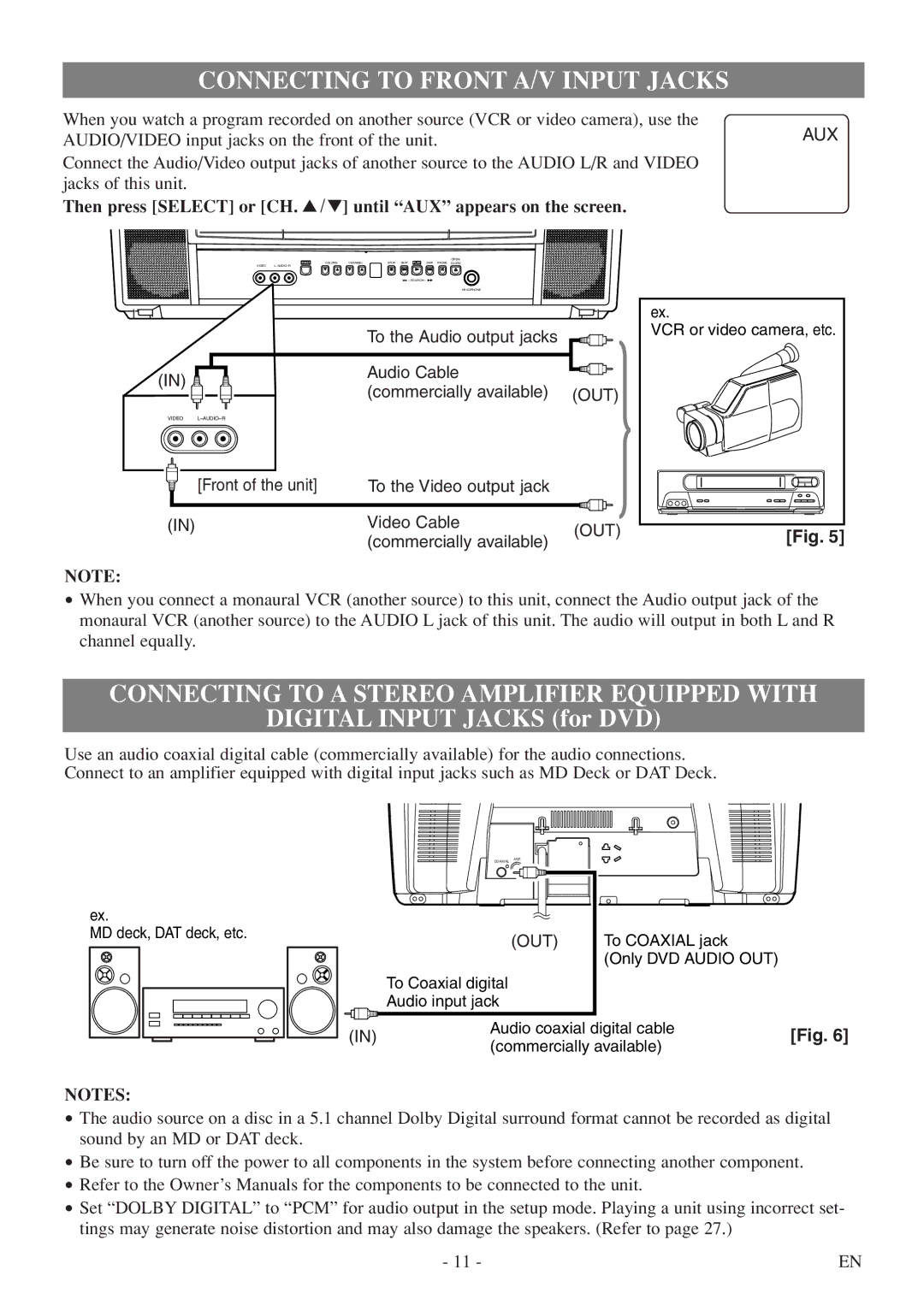 Symphonic SC520FDF owner manual Connecting to Front A/V Input Jacks, Connecting to a Stereo Amplifier Equipped with 