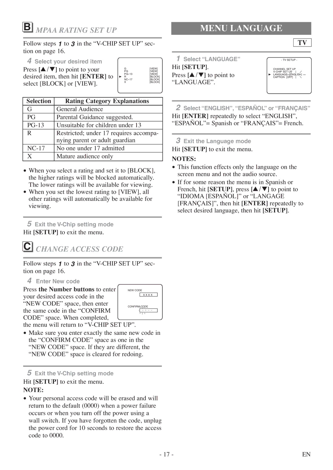 Symphonic SC520FDF owner manual Menu Language, Mpaa Rating SET UP, Change Access Code 