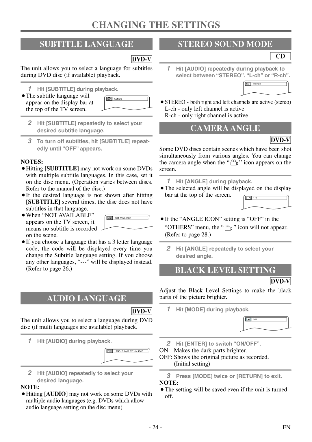 Symphonic SC520FDF owner manual Changing the Settings, Subtitle Language Stereo Sound Mode, Audio Language, Camera Angle 