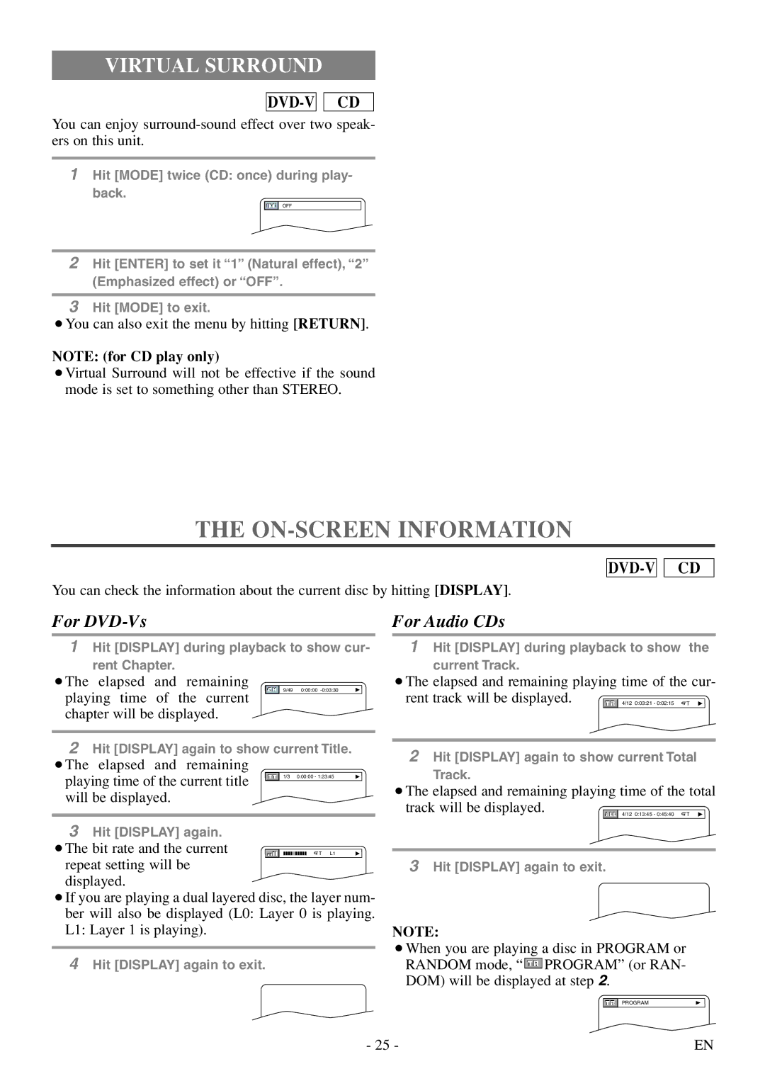 Symphonic SC520FDF owner manual ON-SCREEN Information, Virtual Surround 