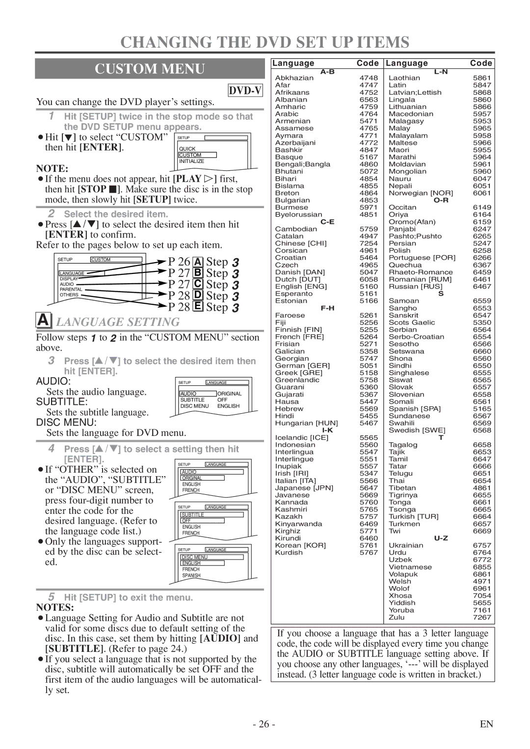 Symphonic SC520FDF owner manual Changing the DVD SET UP Items, Custom Menu, Language Setting 