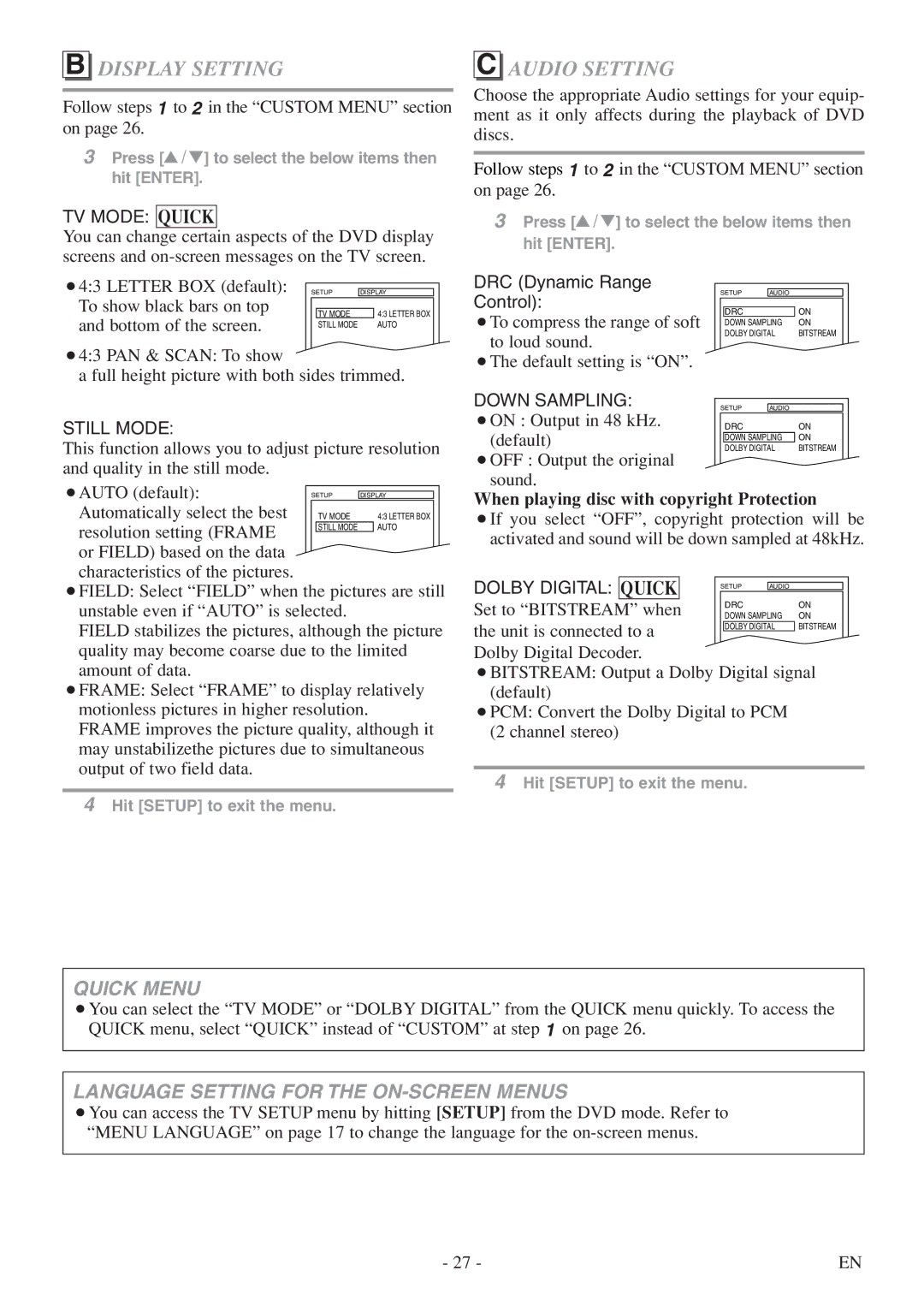 Symphonic SC520FDF owner manual Display Setting, Audio Setting, When playing disc with copyright Protection, Quick 