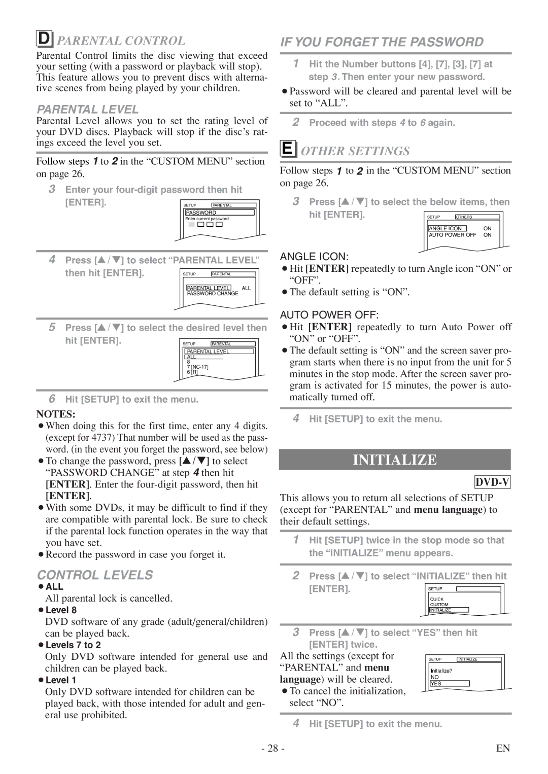 Symphonic SC520FDF owner manual Initialize, Parental Control, Other Settings 