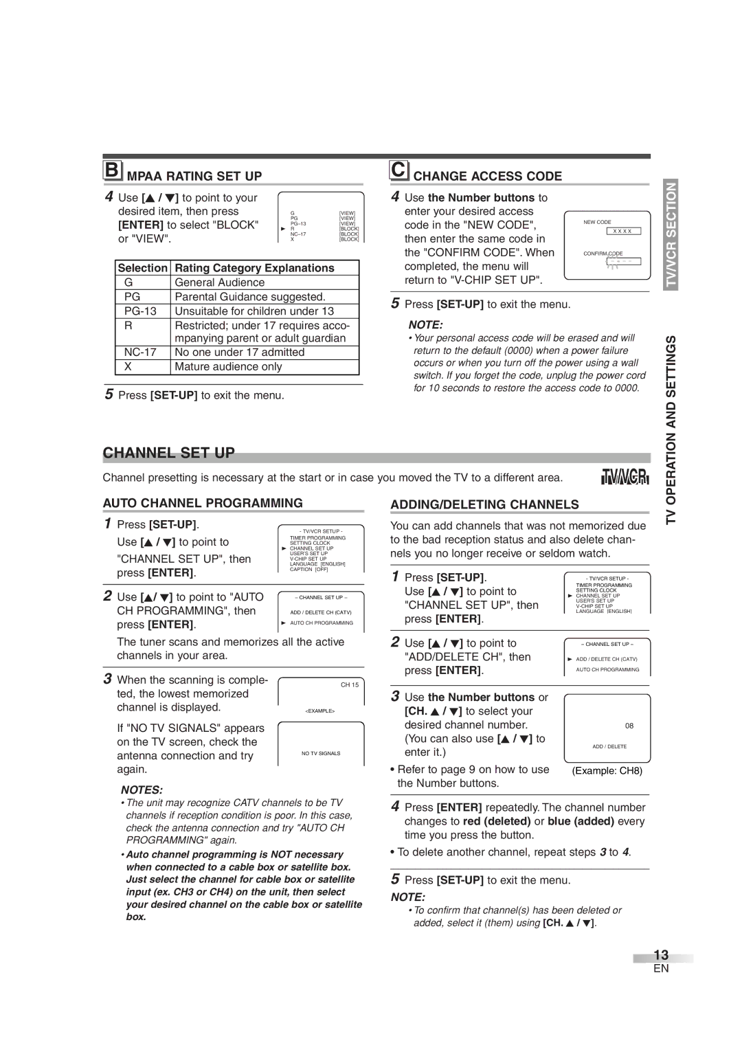 Symphonic SC720FDF owner manual Channel SET UP, Mpaa Rating SET UP Change Access Code, Selection Rating Category 