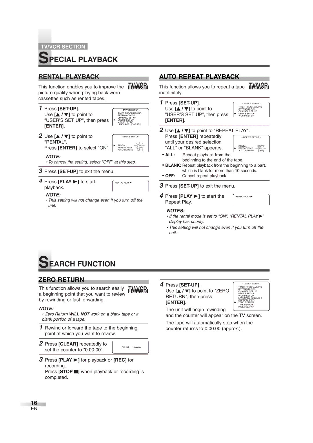 Symphonic SC720FDF owner manual Special Playback, Search Function, Rental Playback, Auto Repeat Playback, Zero Return 