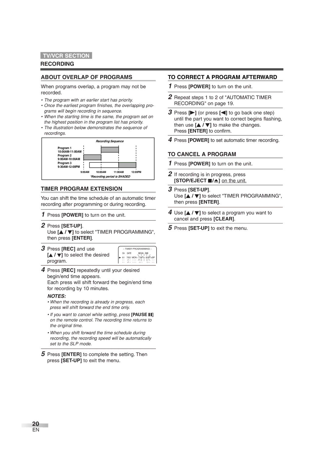 Symphonic SC720FDF Recording About Overlap of Programs, Timer Program Extension, To Correct a Program Afterward 