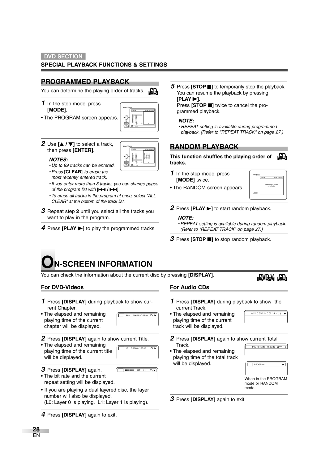 Symphonic SC720FDF owner manual ON-SCREEN Information, Programmed Playback, Random Playback, Mode twice 