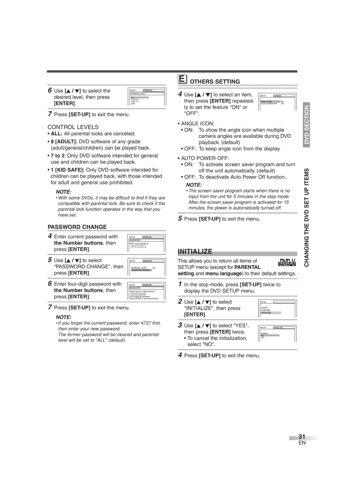 Symphonic SC720FDF owner manual Initialize, Password Change, Others Setting, Dvd 