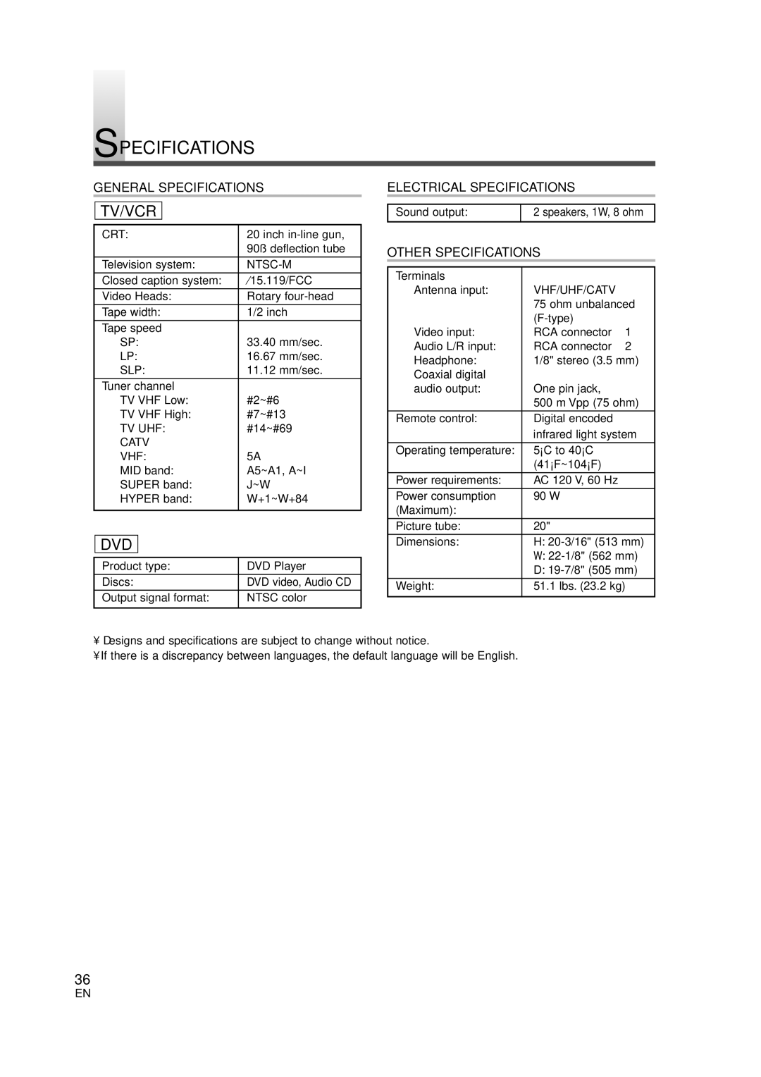 Symphonic SC720FDF owner manual Specifications, Tv/Vcr, Dvd 