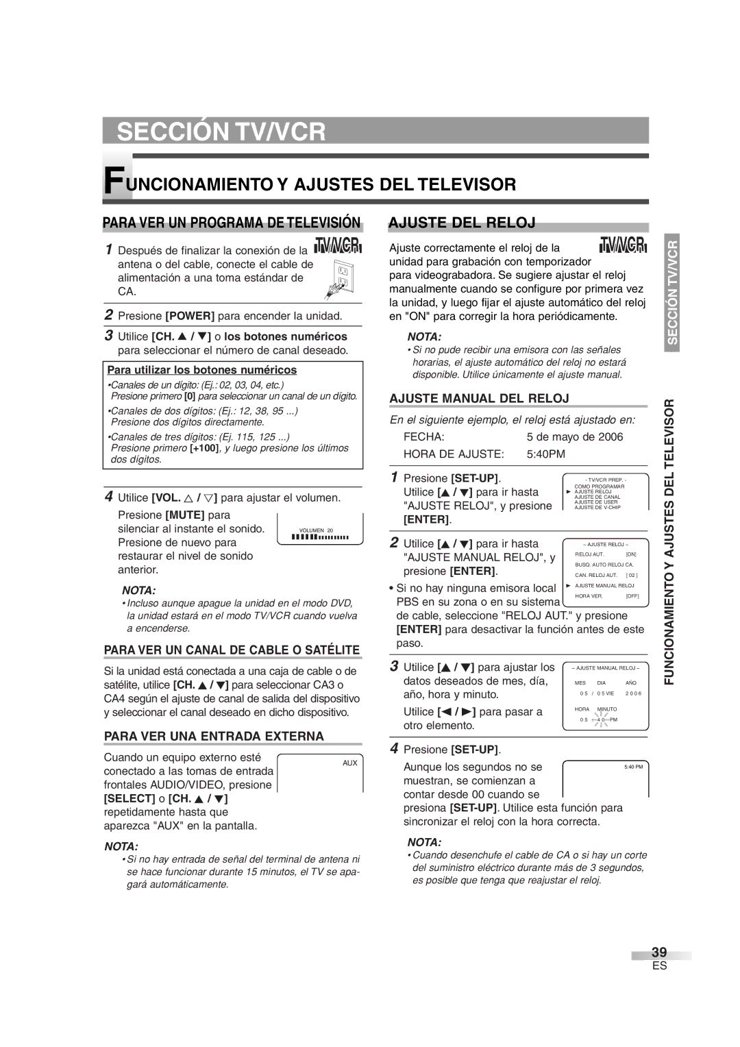 Symphonic SC720FDF owner manual Funcionamiento Y Ajustes DEL Televisor, Ajuste DEL Reloj 