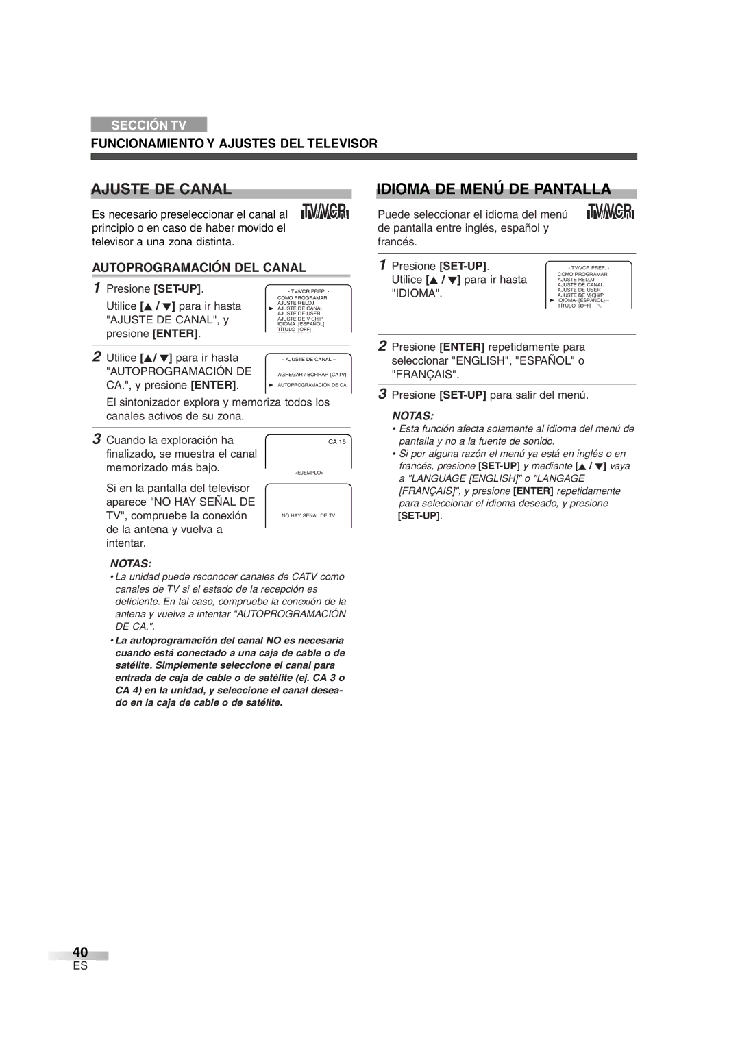 Symphonic SC720FDF owner manual Ajuste DE Canal, Idioma DE Menú DE Pantalla, Funcionamiento Y Ajustes DEL Televisor 