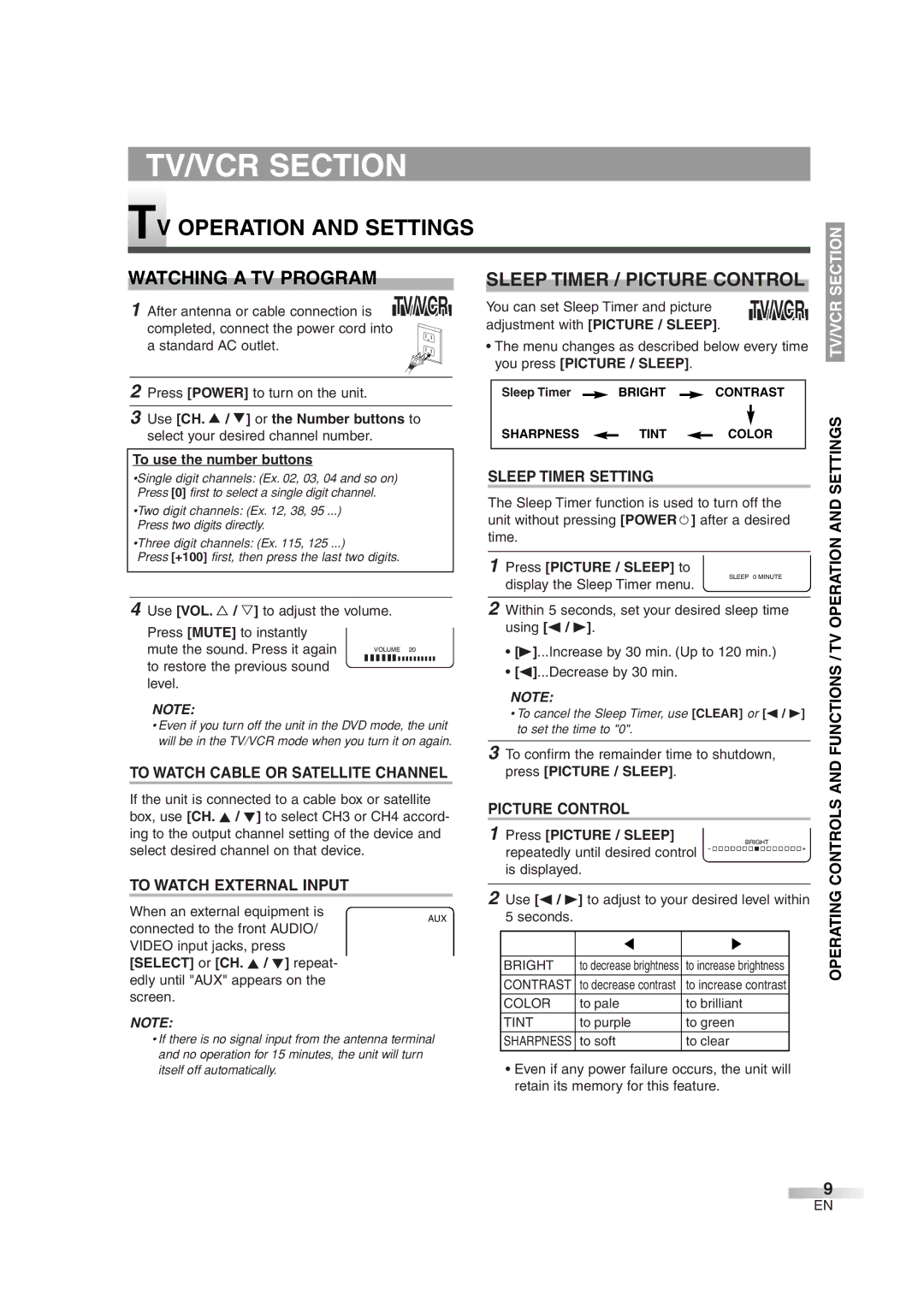 Symphonic SC720FDF owner manual TV Operation and Settings, Watching a TV Program, Sleep Timer / Picture Control 