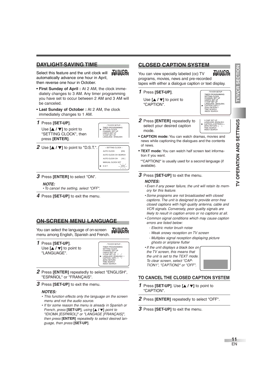 Symphonic SC724DF owner manual DAYLIGHT-SAVING Time, ON-SCREEN Menu Language, Closed Caption System 