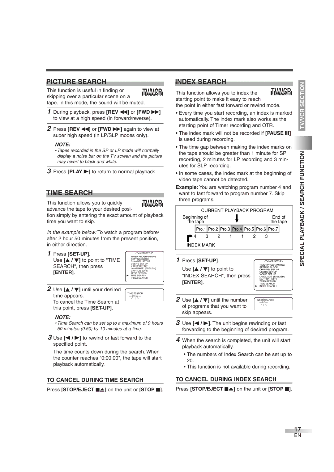 Symphonic SC724DF owner manual Picture Search, Time Search, Index Search, Press STOP/EJECT CA on the unit or Stop C 