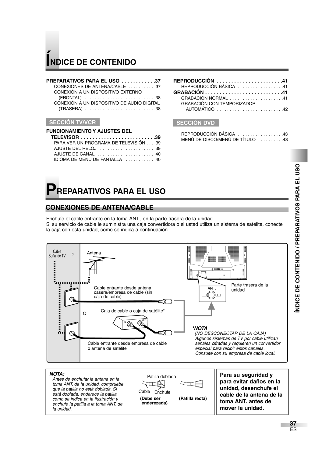 Symphonic SC724DF owner manual Índice DE Contenido, Preparativos Para EL USO, Conexiones DE ANTENA/CABLE 