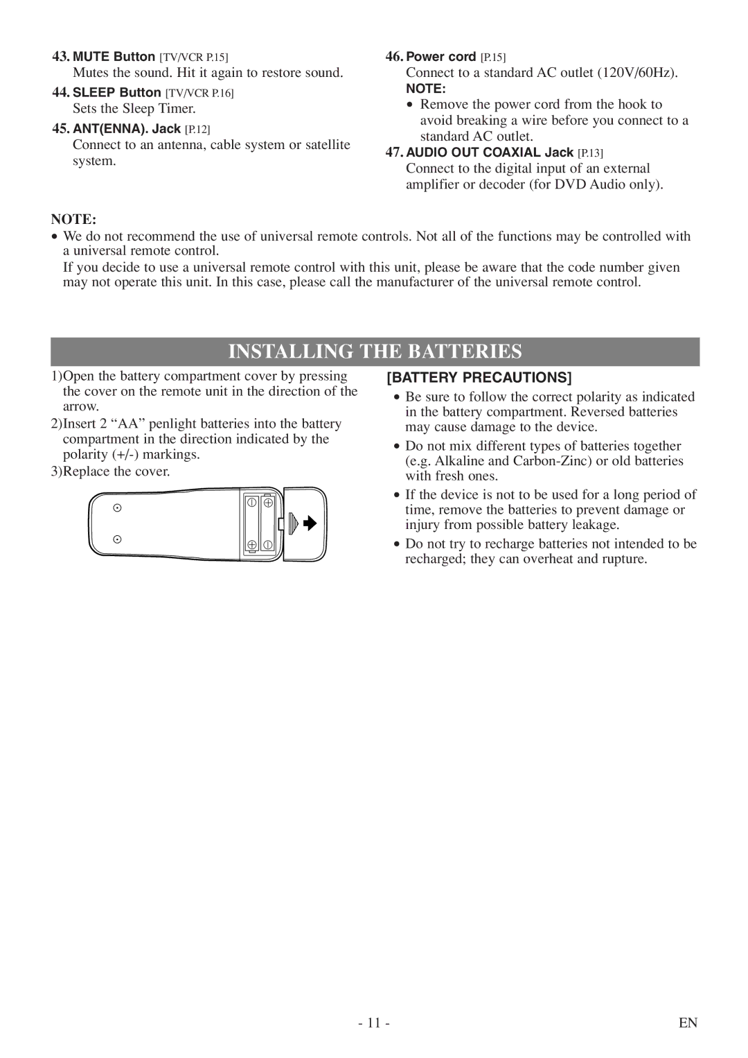 Symphonic SC724FDF owner manual Installing the Batteries, Battery Precautions 