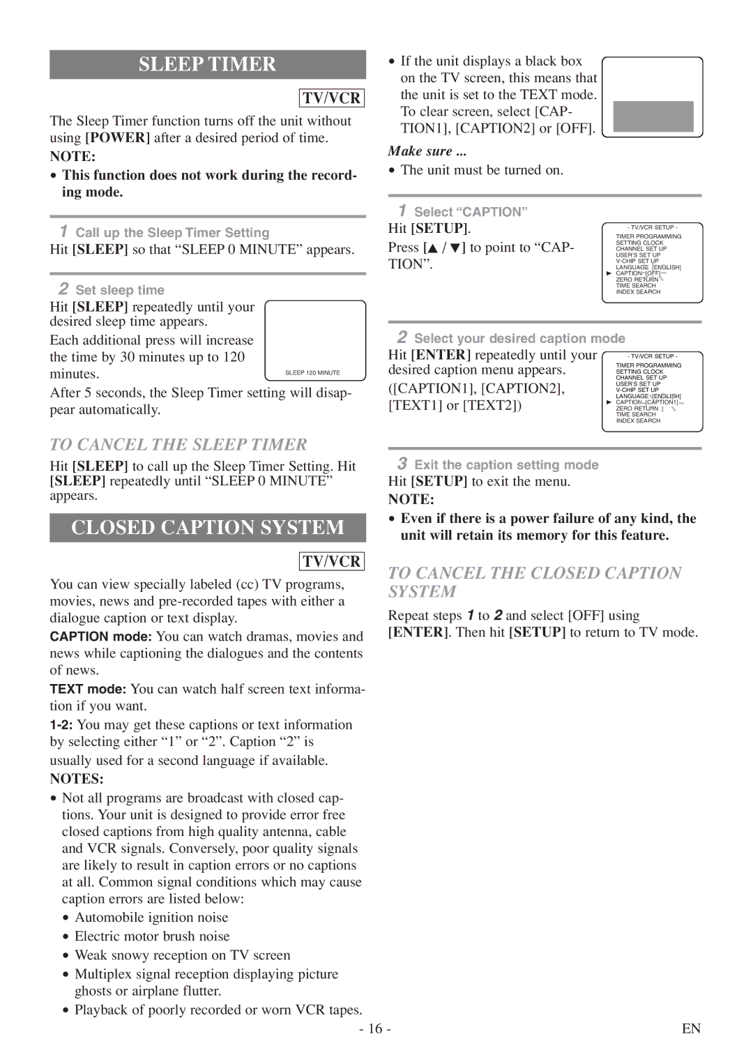 Symphonic SC724FDF owner manual To Cancel the Sleep Timer, To Cancel the Closed Caption System 