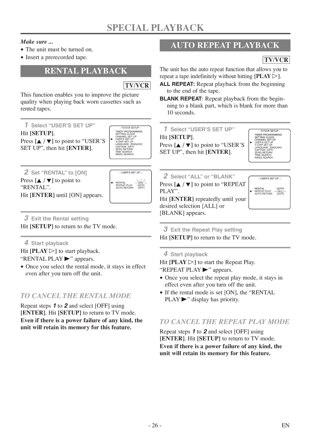 Symphonic SC724FDF owner manual Special Playback, Rental Playback, Auto Repeat Playback, To Cancel the Rental Mode 