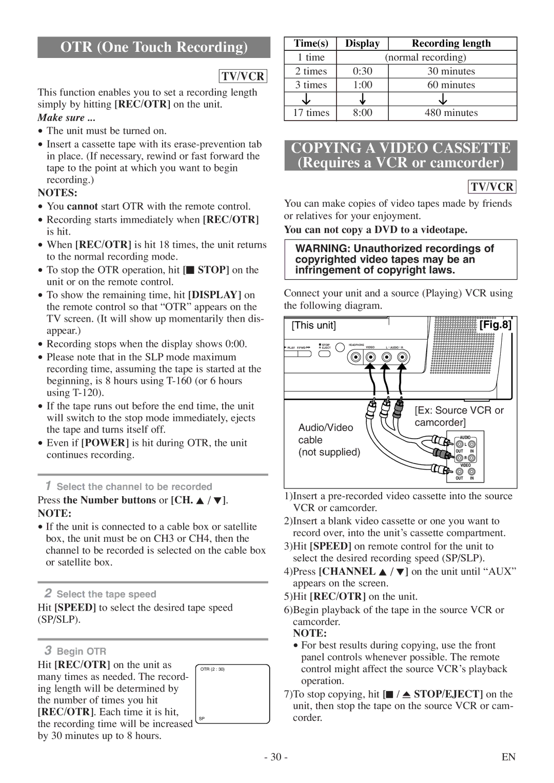 Symphonic SC724FDF owner manual Times Display Recording length, You can not copy a DVD to a videotape 