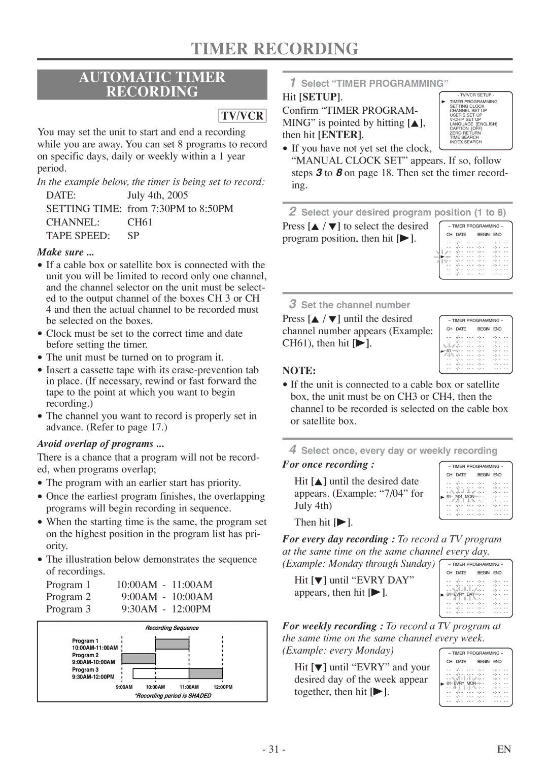 Symphonic SC724FDF owner manual Automatic Timer Recording, Channel CH61 Tape Speed SP 