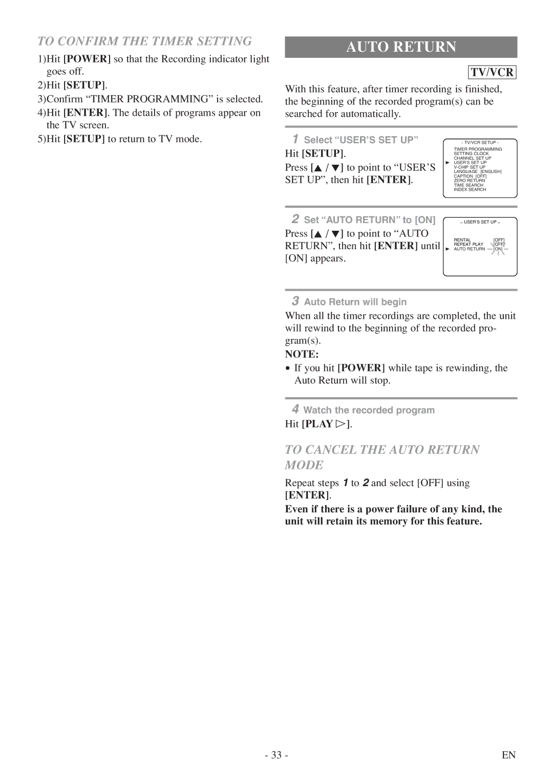 Symphonic SC724FDF owner manual To Confirm the Timer Setting, To Cancel the Auto Return Mode 