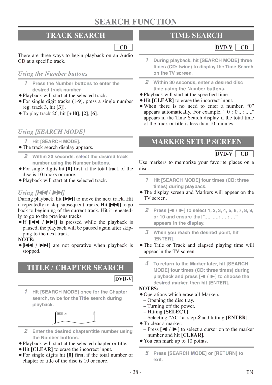 Symphonic SC724FDF owner manual Search Function, Track Search Time Search, Title / Chapter Search, Marker Setup Screen 