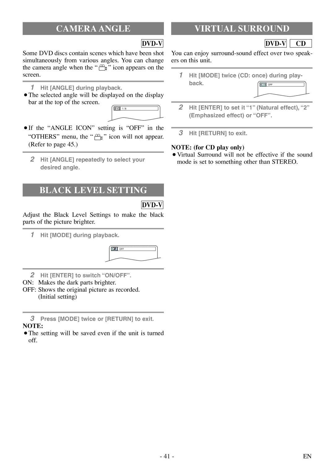 Symphonic SC724FDF owner manual Camera Angle Virtual Surround, Black Level Setting 