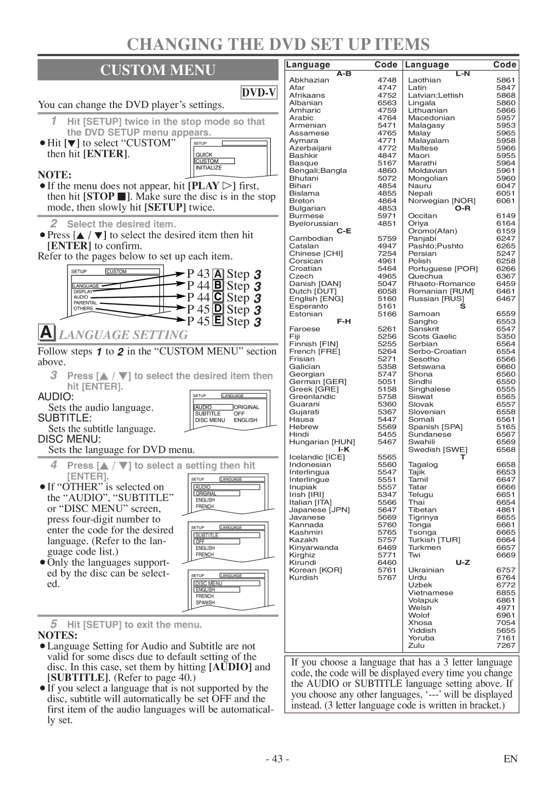 Symphonic SC724FDF owner manual Changing the DVD SET UP Items, Custom Menu, Language Setting 