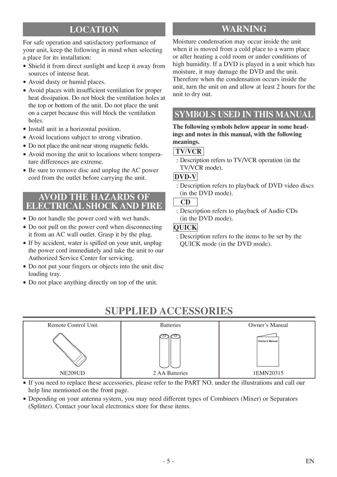 Symphonic SC724FDF owner manual Supplied Accessories, Locationwarning, Avoid the Hazards Electrical Shock and Fire 