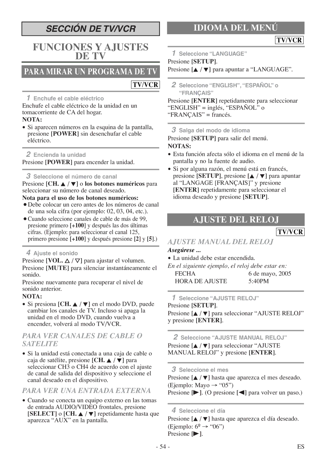 Symphonic SC724FDF owner manual Funciones Y Ajustes DE TV, Idioma DEL Menú, Ajuste DEL Reloj 