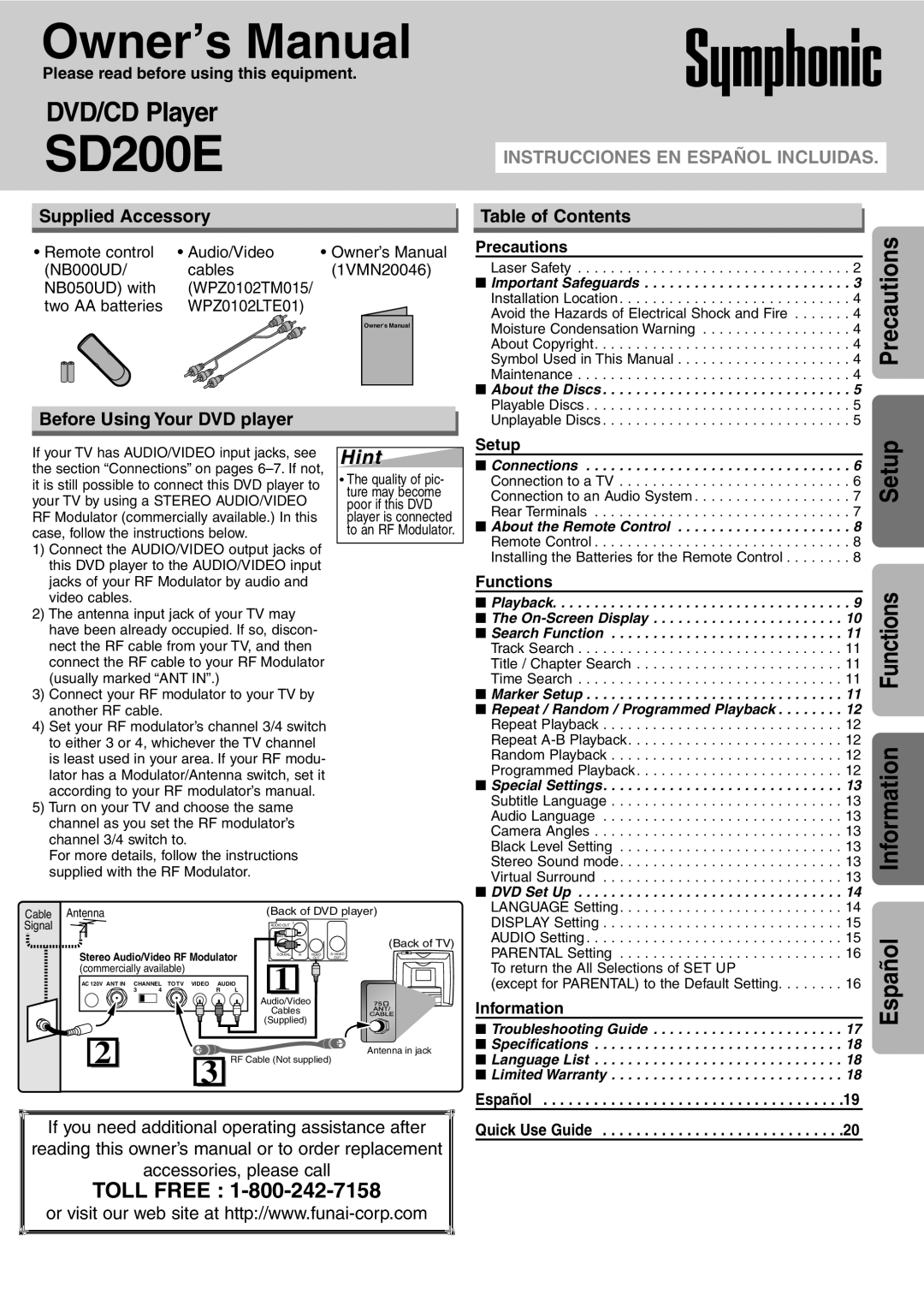 Symphonic SD200E owner manual Hint, Supplied Accessory, Table of Contents, Before Using Your DVD player 